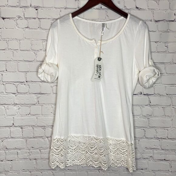 Anthropologie MUR MUR Cotton Lace‎ Roll Sleeve Tee Top White L - Picture 12 of 12